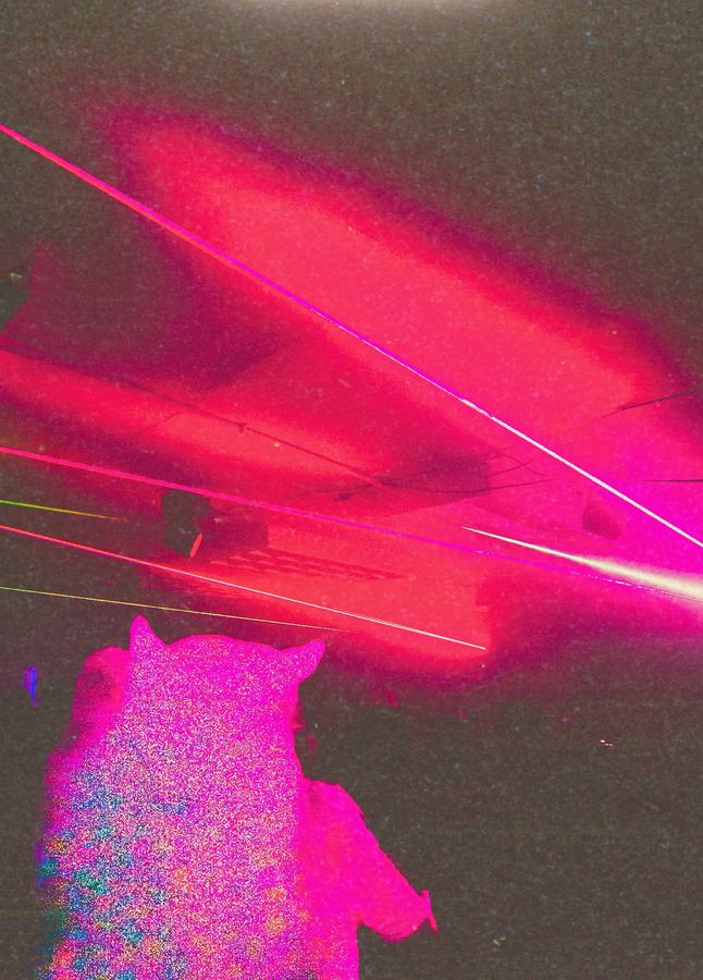 A silhouette with cat ears facing pink laser beams